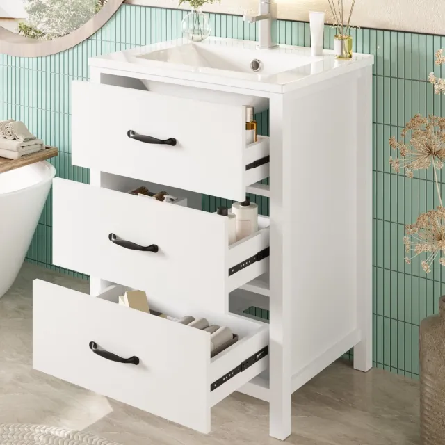 MODENUIT Badkamermeubel Met Wastafel - Vrijstaand Met 3 Lades En Keramische Wastafel - Badkamer - MDF - Wit - 61x47x83 Cm