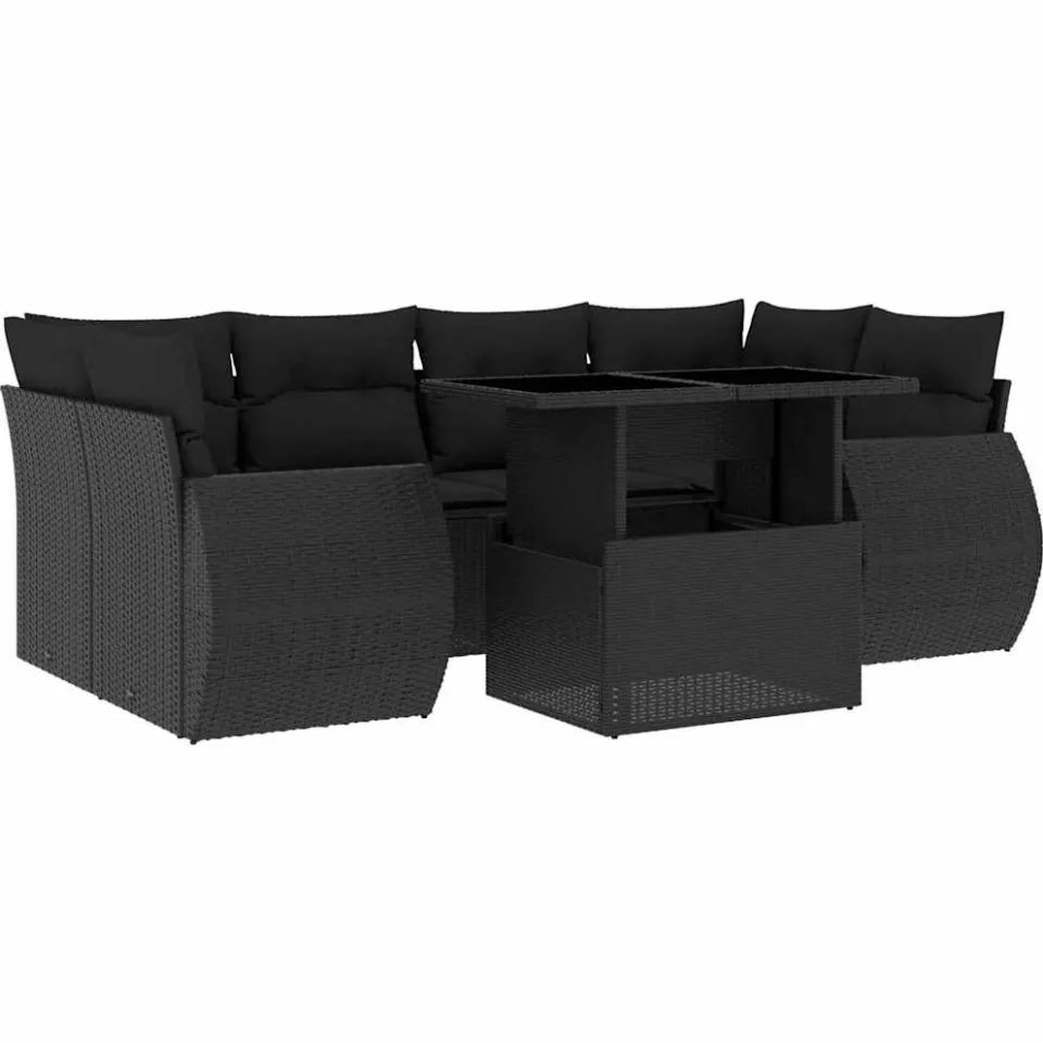 vidaXL 7-delige Loungeset met kussens poly rattan zwart, foto 3