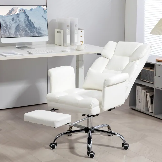 DESMIU Bureaustoel 69 x 65 x 107-115 cm - Ergonomisch Met 155° Kantelfunctie, Lendenkussen En Voetsteun - Voor Thuiskantoor - Kunstleer - Wit