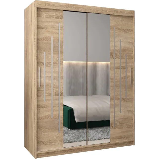InspireME Kledingkast met 2 schuifdeuren, Modern-stijl, Een kledingkast met planken en een spiegel (BxHxD): 150x200x62 - MALTESE I 150 Sonoma Eik