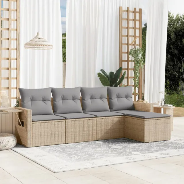 vidaXL 5-delige Loungeset met kussens poly rattan beige, foto 2