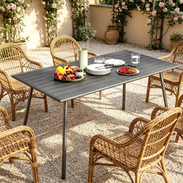 STILVORA Tuintafel - Rechthoekige Eettafel Voor 6 Personen - Grijs Staal - 150 x 80 x 74 Cm - Voor Tuin En Terras