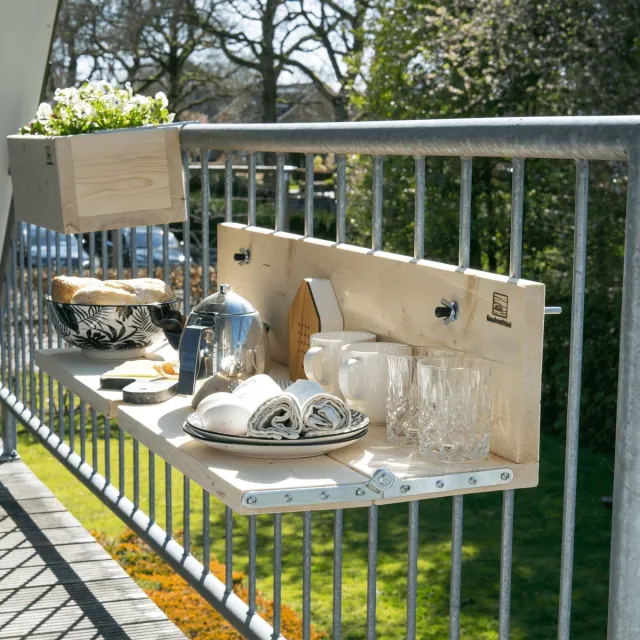 GoudmetHout Balkontafel Hangend & Inklapbaar - 99 cm Hout - Inklapbare Balkonbar - Klap tafel Klein - Hangtafel Balkon Buiten - in Hoogte Verstelbaar - Bijzet tafeltje - Transparant Wash Transparante wash (zelf beitsen)