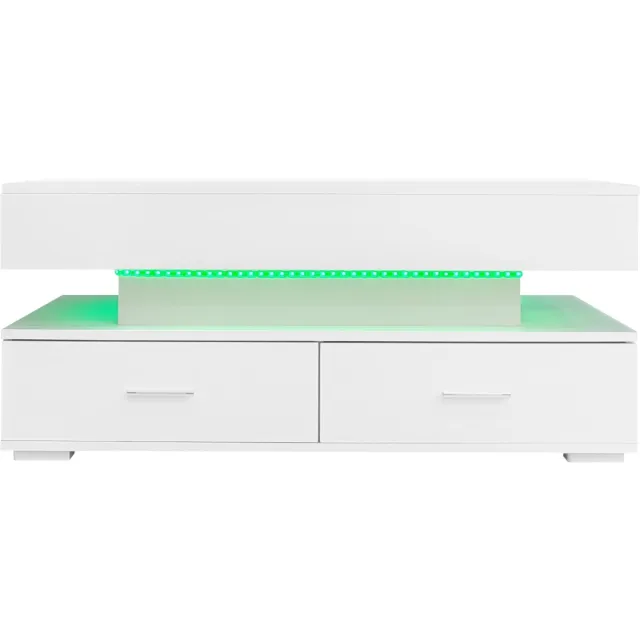 MODFU Witte hydraulische salontafel 100x50x44 cm — LED, Bluetooth app, 2 lades, open opbergruimte