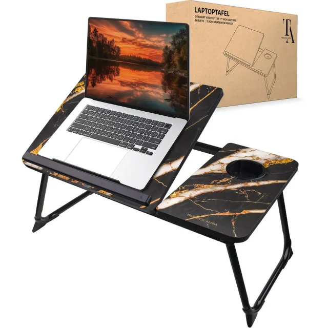 TrueLogic Alpha Bedtafel - Laptoptafel - Laptop standaard - Voor laptops t/m 17 inch - Ontbijttafel - Ontbijt op bed - Zebra Zen Marble Zwart, Wit & Goud