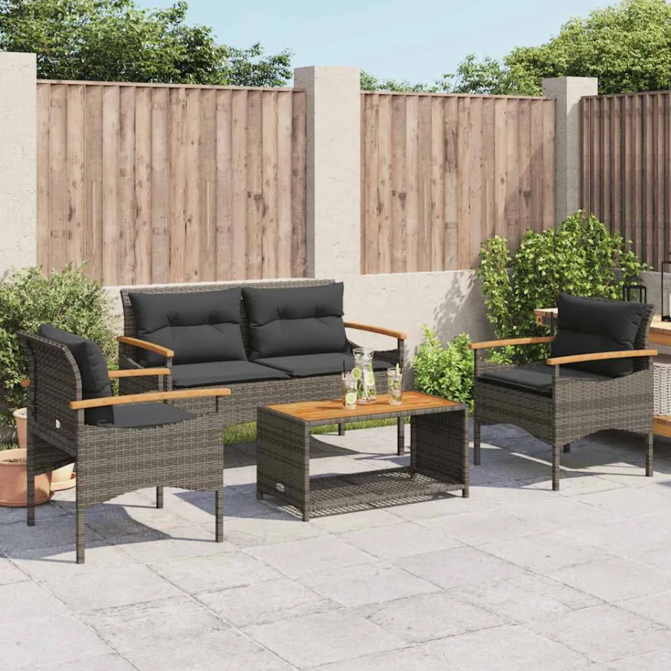 vidaXL 4-delige Loungeset met kussens poly rattan grijs, foto 3