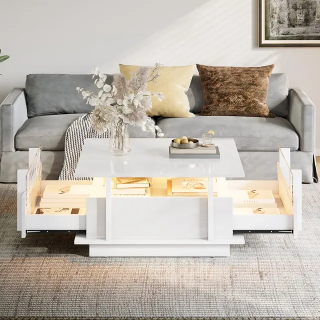 REDOM Salontafel - 2 Laden - Hoogglans - Modern - Voor Woonkamer - Spaanplaat - Wit - 70 X 70 X 35 Cm
