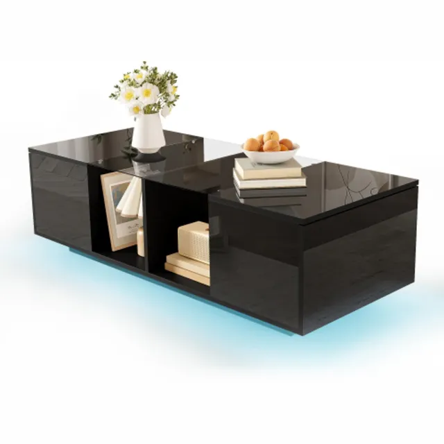 Clruro Moderne zwarte salontafel met ledverlichting, hoogglans tafelblad, 120 x 50 x 38,5 cm