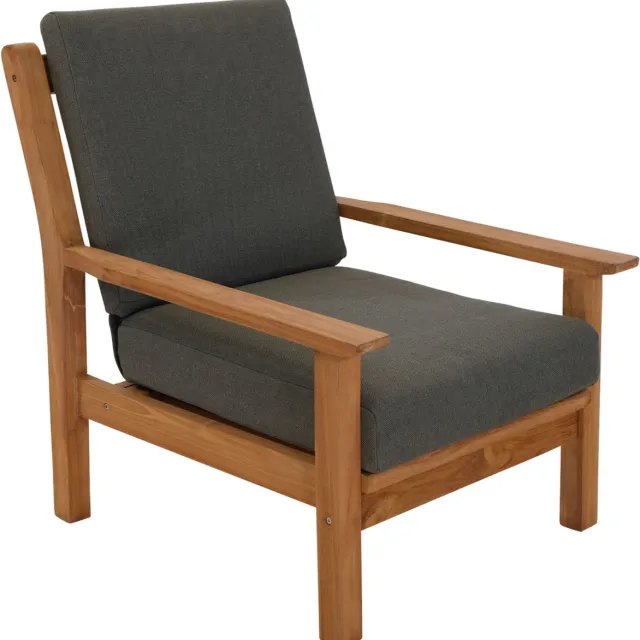 LES Teak loungestoel naturel met grijs zitkussen
