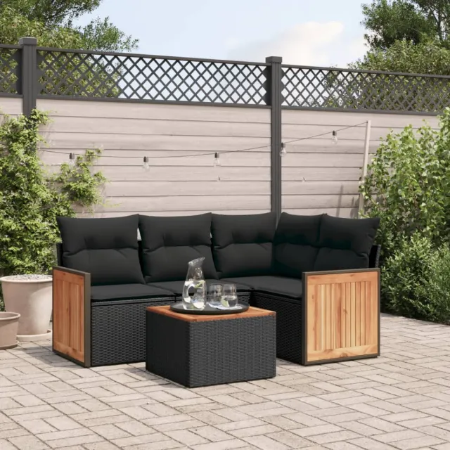 vidaXL 5-delige Loungeset met kussens poly rattan zwart, foto 2