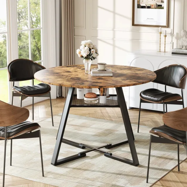 Smyl. Eettafel - Eettafel Rond - Eettafel Rond 120 cm - 4 Personen - Hout - Keukentafel - Tafel - Woonkamer - Eetkamer - Met Opbergrek Bruin/Zwart