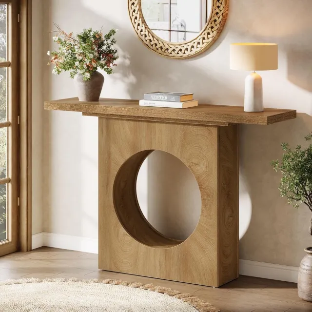 Tribesigns Consoletafe - Rustieke Houten Sidetable met ronde opbergruimte - Bruin - 105 x 30 x 80 cm - Console Tafel voor Hal, Woonkamer, Entree