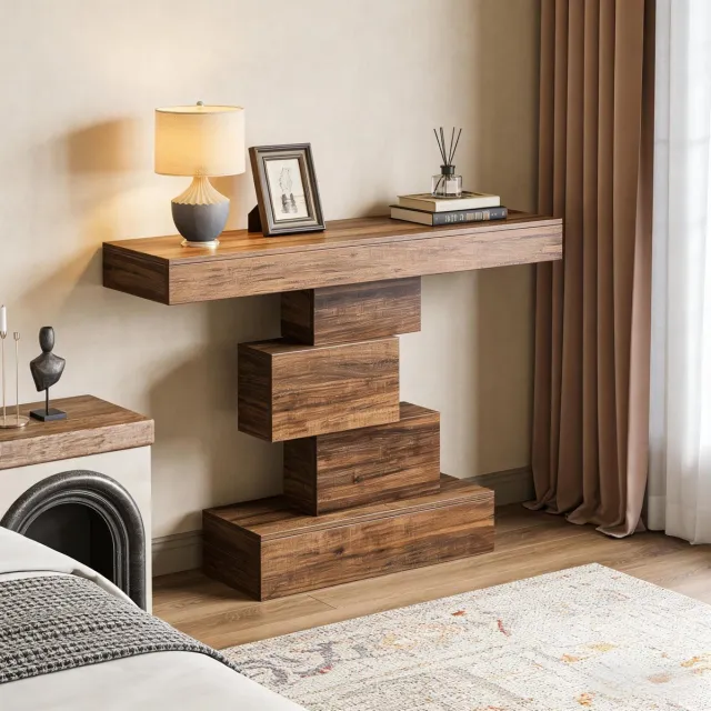 MEUNIQ Moderne sidetable 108 x 30 x 80 cm met geometrische sokkel en donkerbruine houtnerf, consoletafel voor hal, woonkamer of slaapkamer