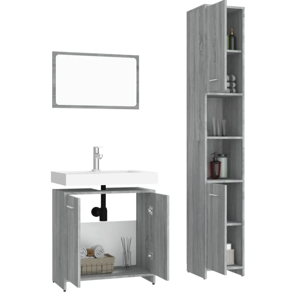 vidaXL 3-delige Badkamermeubelset bewerkt hout grijs sonoma eikenkleur, foto 4