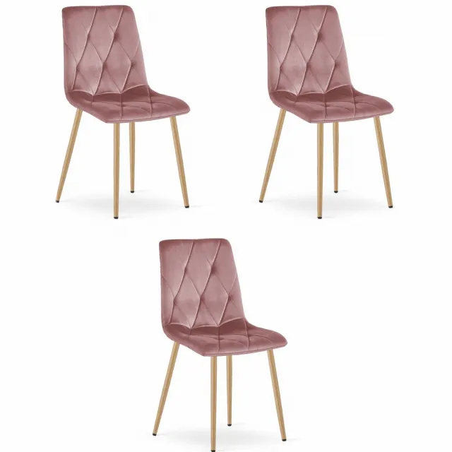 LEOBERT Set van 3 Eetkamerstoelen LIBRA Donkerroze – Houtlook Metalen Poten, Modern Velvet Bekleding, Ergonomisch Design, Max. 120 kg