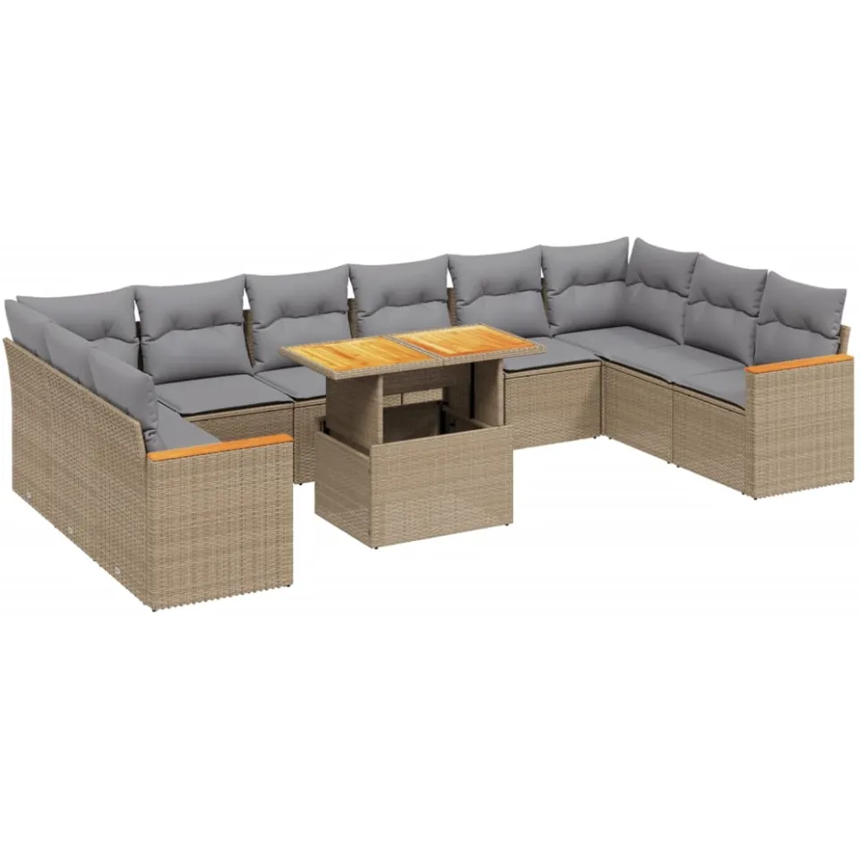 vidaXL 11-delige Tuinset met kussens poly rattan beige, foto 3