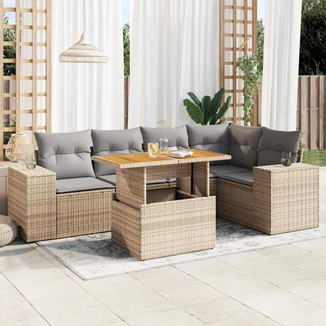 vidaXL 6-delige Loungeset met kussens poly rattan beige, foto 2