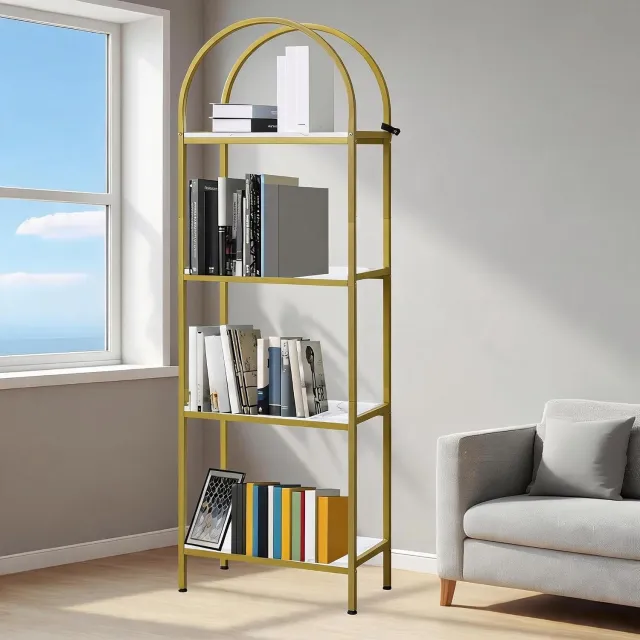 HOERFURIY Boogboekenkast 4 niveaus met houten planken, metalen frame 60x28x180cm, open display en opslag thuis Goud en Wit