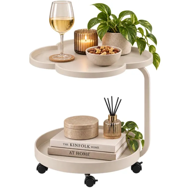 Giftdecor bijzettafel Kyoto - wit - rond - 43 x 54 cm - metaal - koffietafel - 2 laags model - op wielen