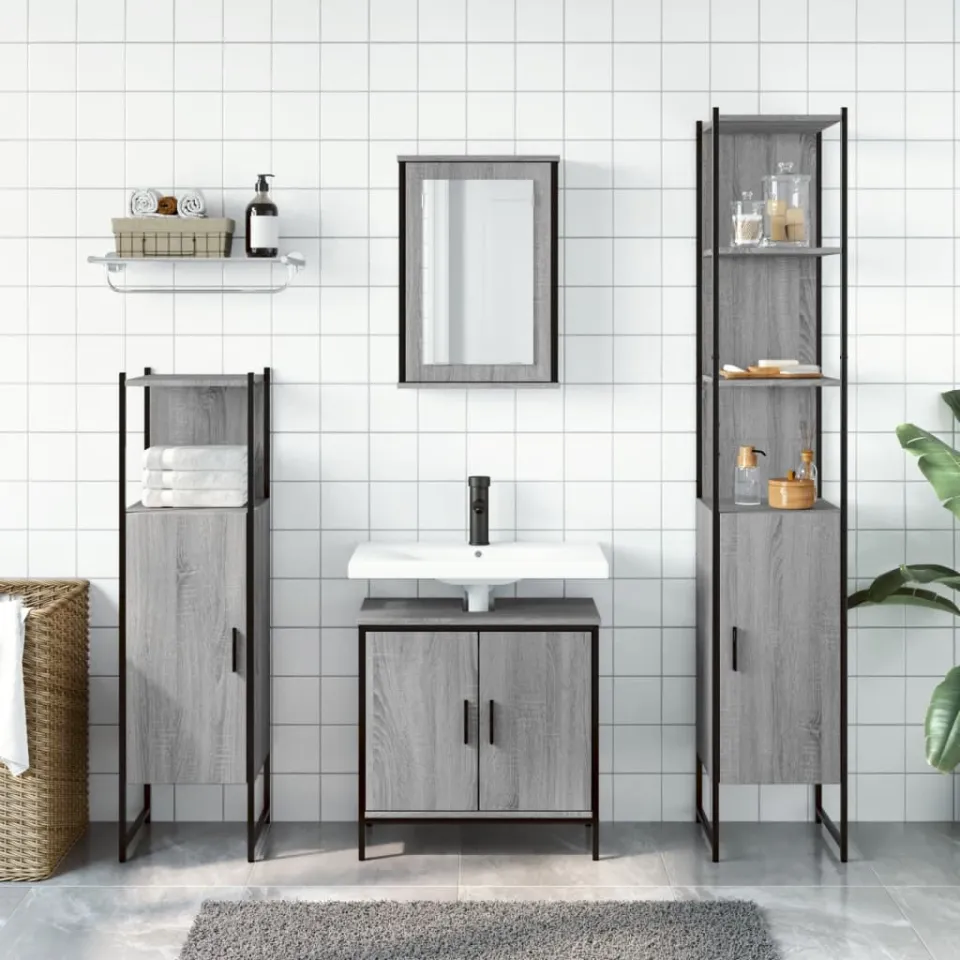 vidaXL 4-delige Badkamermeubelset bewerkt hout grijs sonoma eikenkleur, foto 2