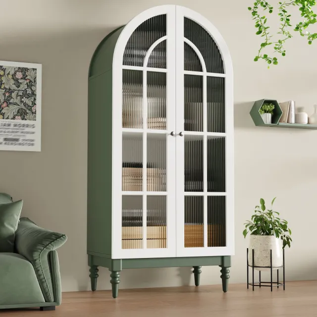 Clruro Vitrinekast - 76 x 38,5 x 165 cm - Boogvorm met Riffelglas - MDF/Metaal - Donkergroen/Wit