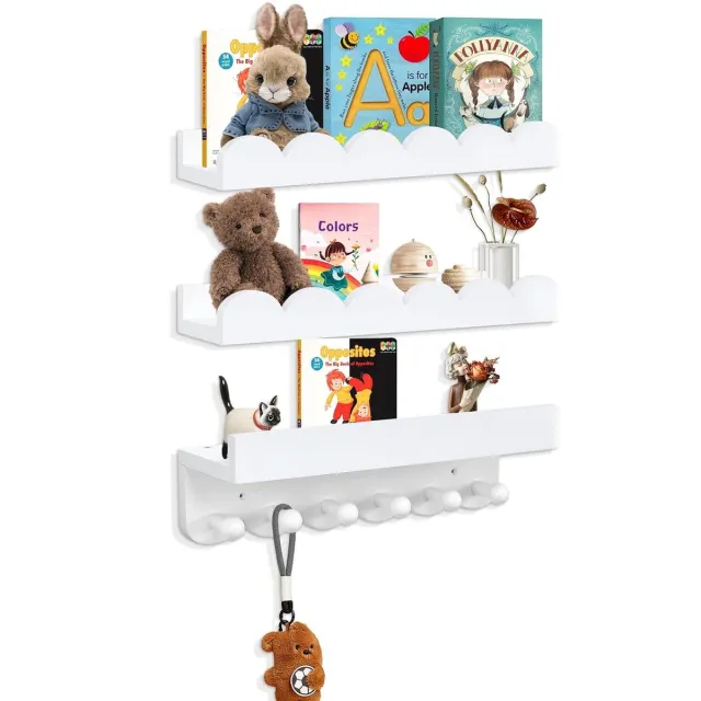 Flintry Zwevende Wandplank 3 stuks - Wandplank kinderkamer met haken - Massief Hout Boekenrek - Hout-opbergplank - Kinderboekenrek - Wandrek - Kinderkamer decoratie - Wit