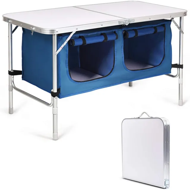 Costway Campingtafel inklapbaar, campingkast, opklapbare aluminium klaptafel, in hoogte verstelbaar tuintafel, draagbare kampeertafel BBQ tafel met opbergruimte, maximaal draagvermogen 20 kg, 120 x 61 x 53,5 / 71cm (Donkerblauw)