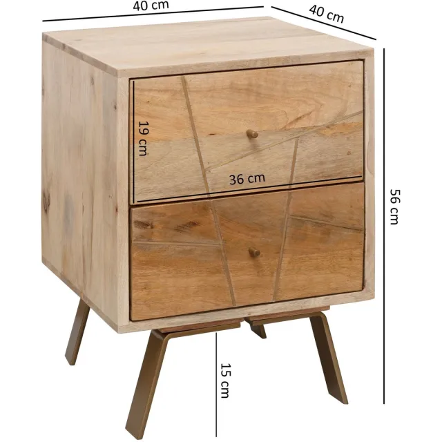 Ervesto Nachtkastje Sikar 40x56x40 Cm - Mangohout - Rustieke Bijzettafel - 2 Laden - Handgemaakt Design Lichtbruin