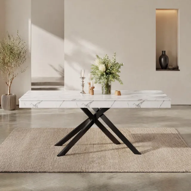 MEUNIQ Uitschuifbare eettafel 140-180 x 80 x 76 cm voor 6-8 personen, rechthoekige tafel met MDF tafelblad en metalen X-poten voor eetkamer, keuken of woonkamer, wit