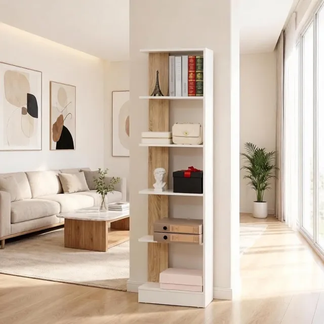 Ropilly Open Boekenkast - Smalle Staande Boekenkast Met 5 Open Vakken - Opbergrek Voor Woonkamer, Slaapkamer Of Kantoor - Wit Eiken - 45 x 21 x 170 cm Eiken, Wit