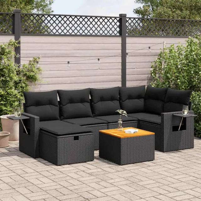vidaXL 7-delige Loungeset met kussens poly rattan zwart, foto 2