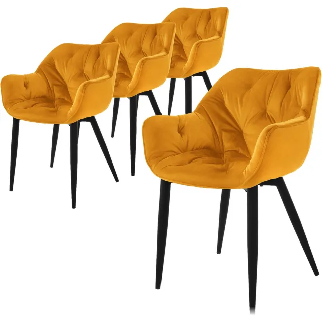 ml-design eetkamerstoelen set van 4 mosterdgeel, keukenstoel met dikke fluwelen gestoffeerde zitting, metalen poten, woonkamerstoel met rugleuning en armleuningen, gewatteerde, ergonomische fauteuil