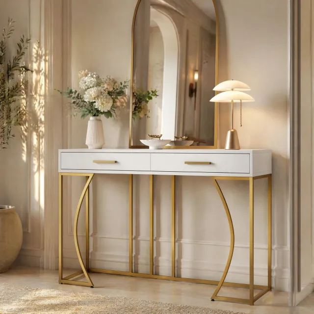 CHICFURN Sidetable - 2 lades - Opbergruimte - Metalen frame - Wit en goud