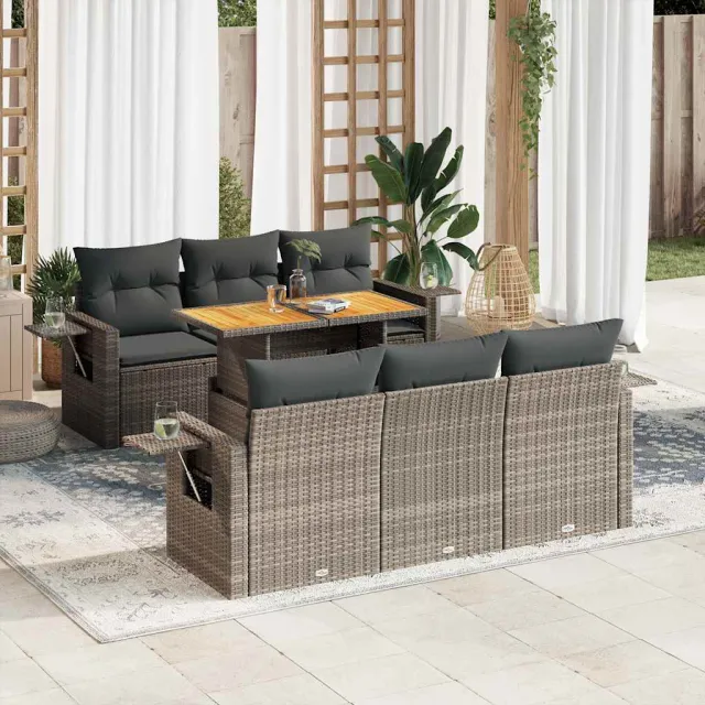 vidaXL 7-delige Loungeset met kussens poly rattan grijs, foto 2