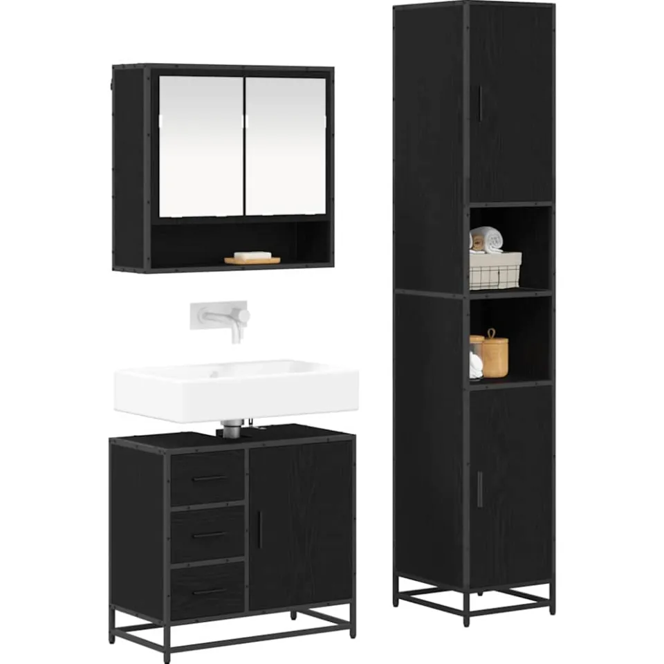 vidaXL Badkamermeubelset 3 st Zwart Eiken 90 x 33 x 60 cm Bewerkt hout