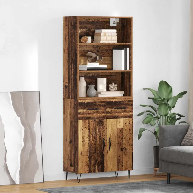 vidaXL Hoge kast 2 st Oudhout 69,5 x 34 x 180 cm Bewerkt hout en glas bruin, foto 2