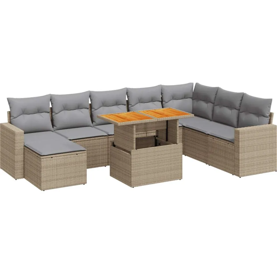 vidaXL 9-delige Loungeset met kussens poly rattan beige, foto 3