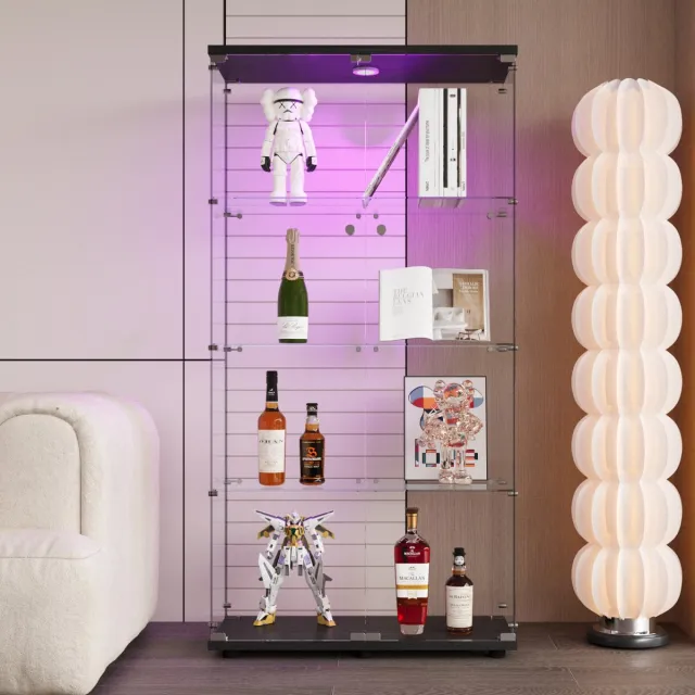 Solvenrik Glazen Vitrinekast met LED Zwart – 4 Verdiepingen Displaykast met Dubbele Glasdeuren – Verzamelaarskast met Slot & Verstelbare Verlichting