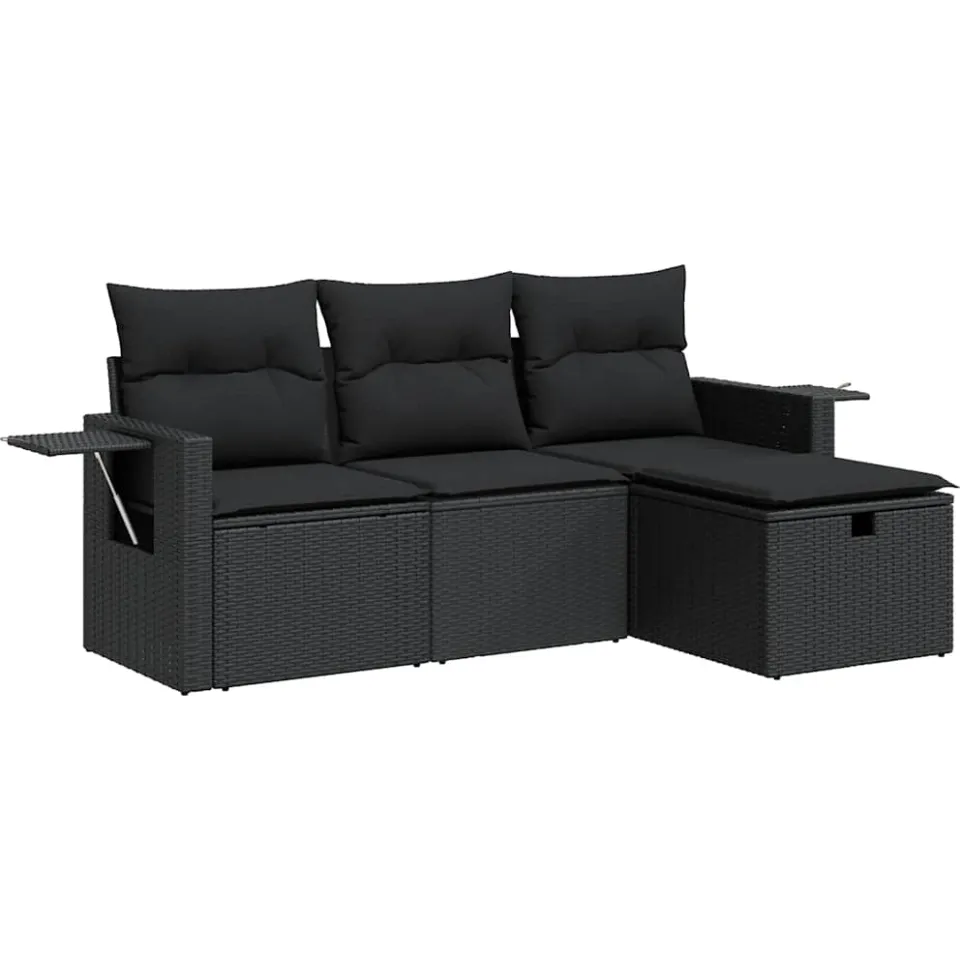 vidaXL 4-delige Loungeset met kussens poly rattan zwart, foto 3