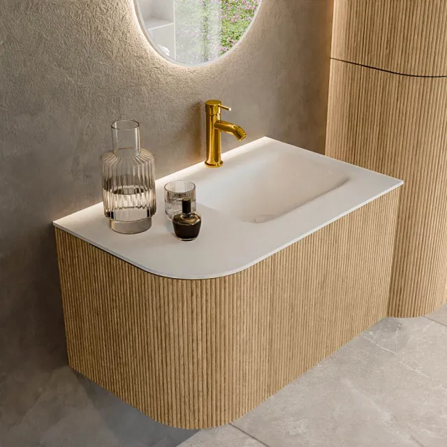 Mondiaz KURVE 75 cm Onderkast Greeploos 1 Lade Met Deuren Oak, Wastafel Solid Surface Rechts Talc 1 Kraangat Zonder Spiegel (KRVGRU75L1L1D1KR-Oak/Tal)