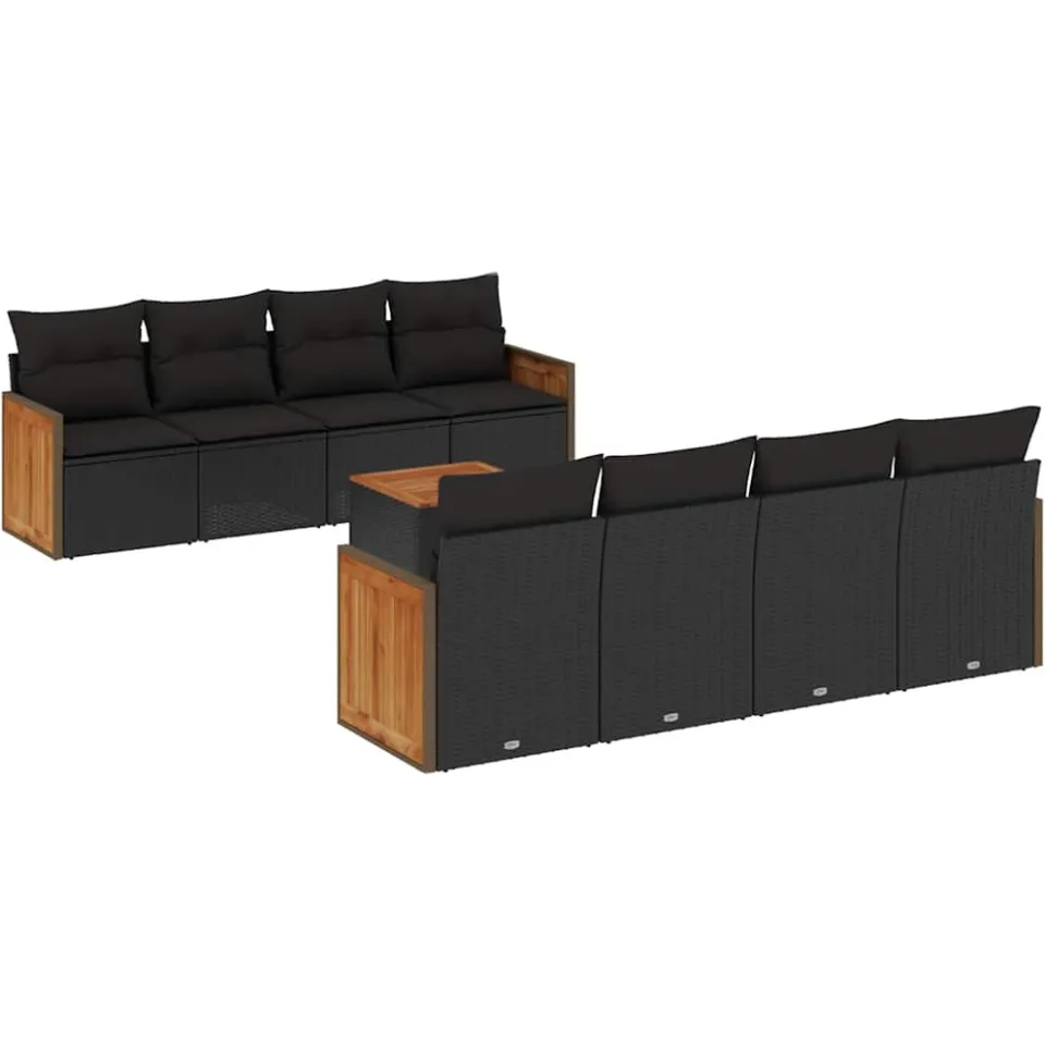 vidaXL 9-delige Loungeset met kussens poly rattan zwart, foto 3