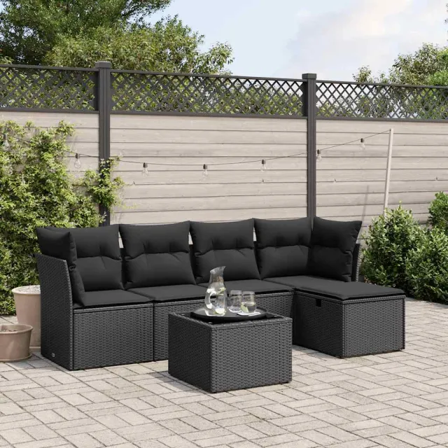 vidaXL 6-delige Loungeset met kussens poly rattan zwart, foto 2