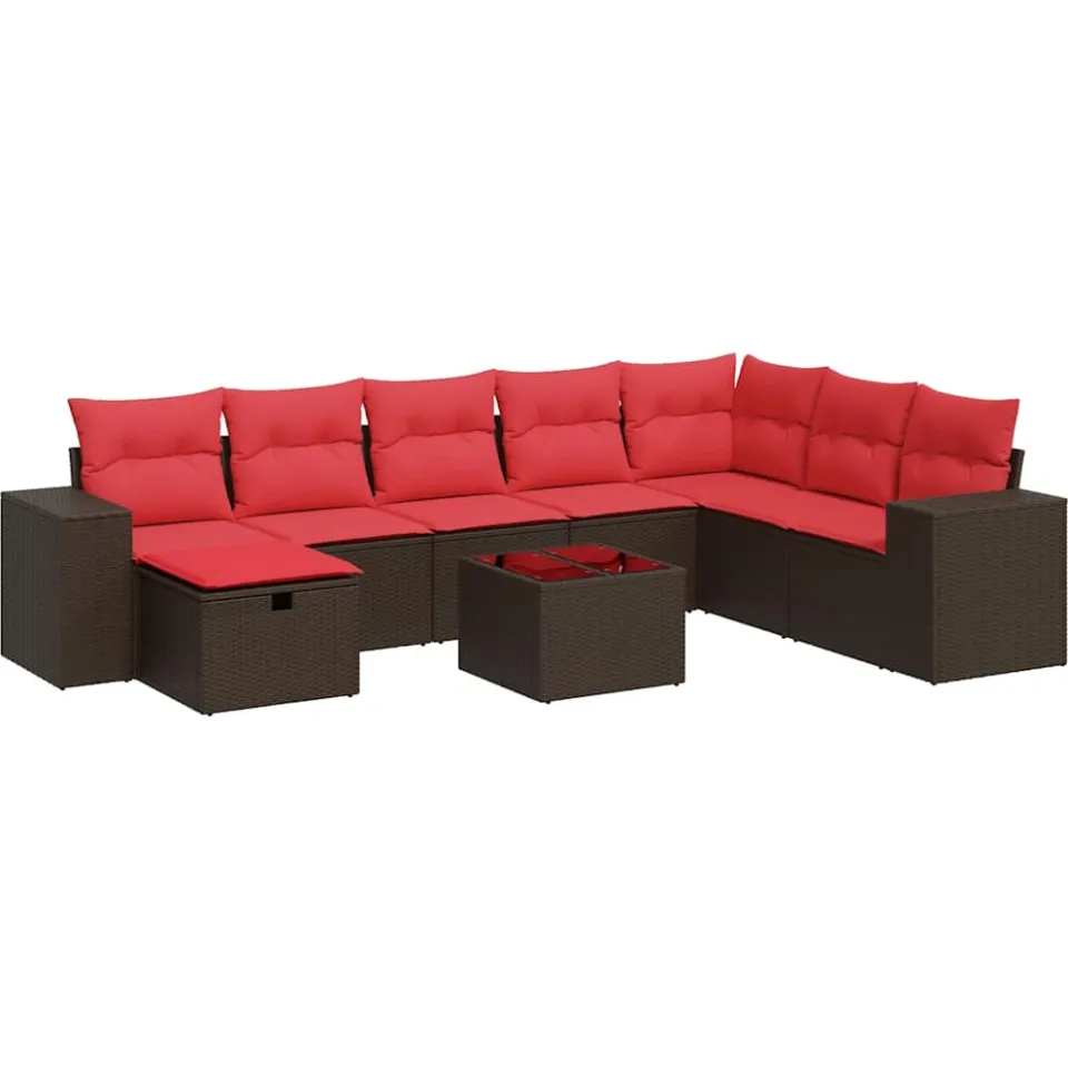 vidaXL 9-delige Loungeset met kussens poly rattan bruin, foto 3