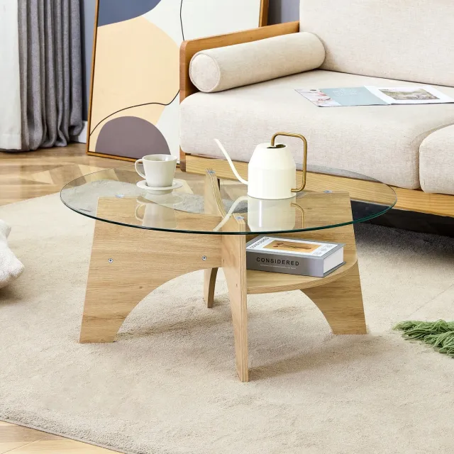 MEUNIQ Ronde salontafel Ø 80 cm met transparant veiligheidsglas, MDF onderstel in naturel houtlook, 36 cm hoog met antislipvoetjes voor woonkamer