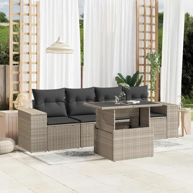 vidaXL 5-delige Loungeset met kussens poly rattan lichtgrijs grijs, foto 2