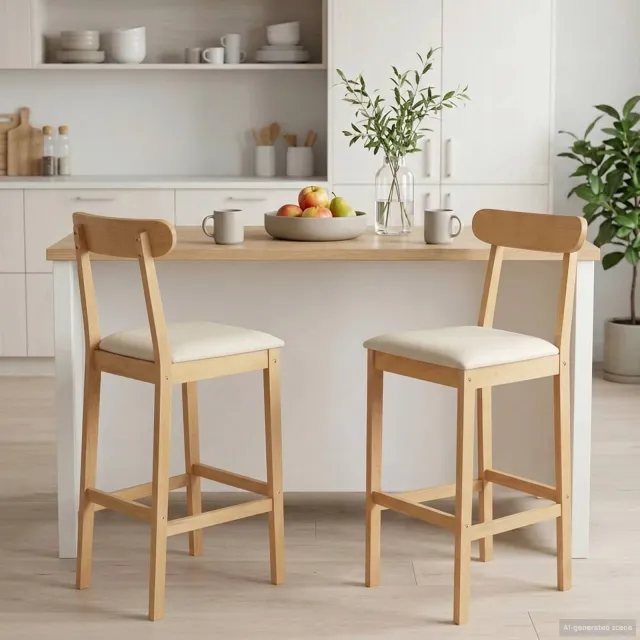 vidaXL Barkruk 2 st Natuurlijk en Beige Massief Rubberhout en Stof Bruin