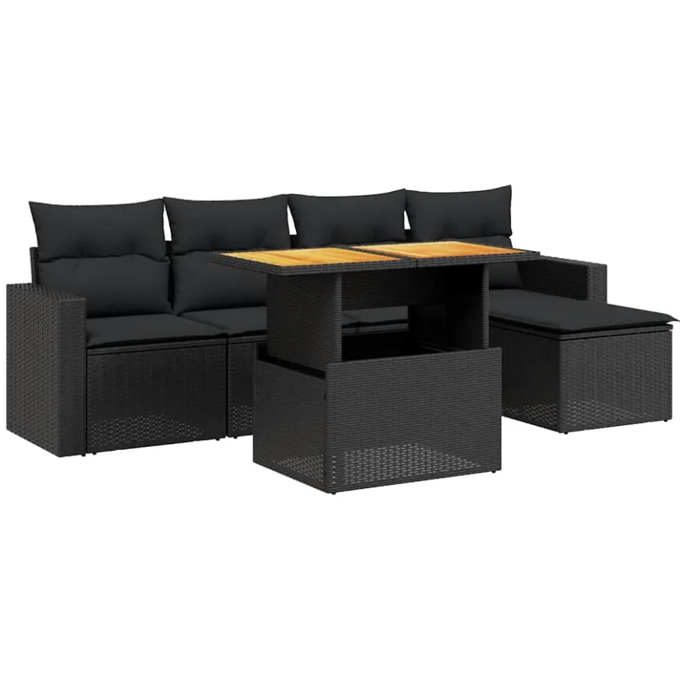 vidaXL 6-delige Loungeset met kussens poly rattan zwart
