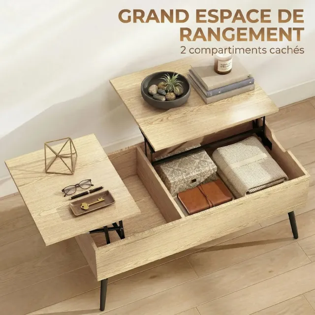 emvae Salontafel - Salontafel met Opbergruimte - Hoogte Verstelbaar Blad- Opklapbaar Blad - Houtlook met Zwart- 100 × 50 × 43,6 cm Lichtbruin