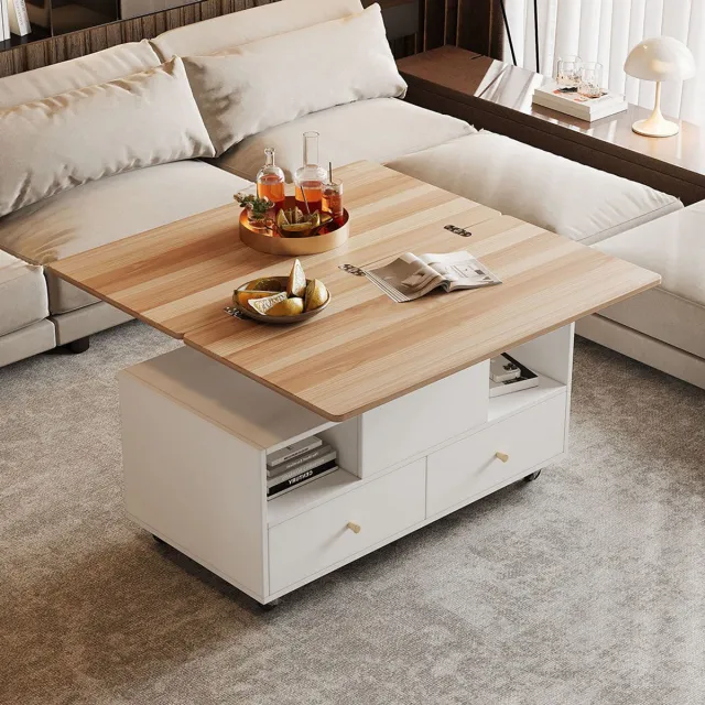 KOMHTOM In hoogte verstelbare salontafel met klapfunctie en 4 laden100 x 50 x 47,5 cmeen grote en een kleine tafel met hydraulische hefmechanismeverrijdbare salontafel met universele wielensalontafel Wit