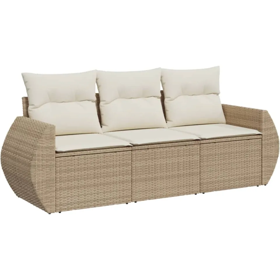 vidaXL 3-delige Loungeset met kussens poly rattan beige, foto 3
